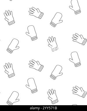 Mittens and gloves graphic line vector seamless pattern on white transparent background Stock Vector