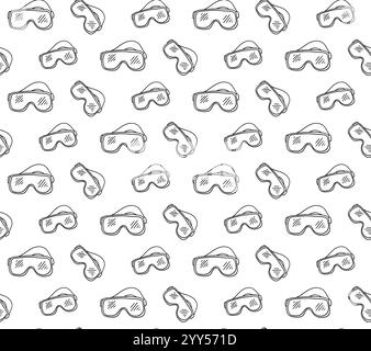 Skis, snowboard goggles, ski sunglasses seamless pattern. Graphic line illustration Reflection of mountain slopes in glasses. Seamless background. Stock Vector