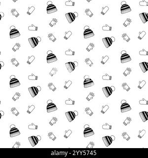 Vector seamless pattern made of winter hat, mittens, gloves. Graphic line greeting card. Warm knitted winter clothes, web banner design, print, holida Stock Vector