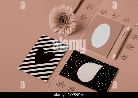 Set of stylish notebooks on paper geometric background, , mocha mousse tinting Stock Photo