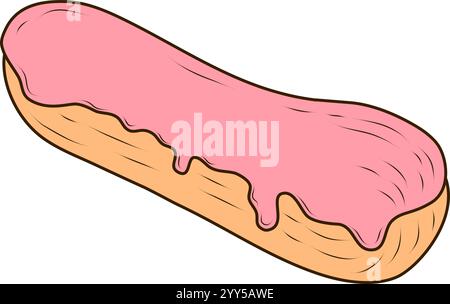 Sweet eclair with pink glaze and custard cream. Cartoon style vector illustration isolated on white background. Tasty, cute dessert and sweet pastry Stock Vector