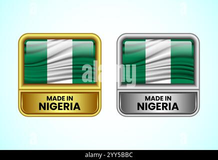 Made in Nigeria label icon in gold and silver color. Flag icon set for business Stock Vector