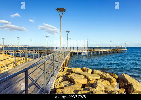 One of the wooden piers along the promenade at Limassol, Cyprus Stock Photo