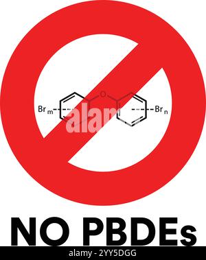 No PBDEs Red Circle with Line Symbol over chemical structure. Polybrominated diphenyl ethers. Stock Vector