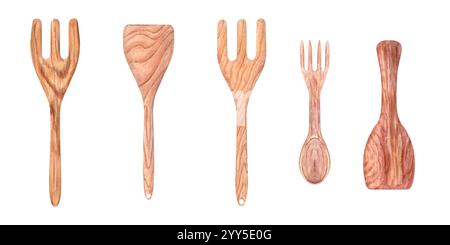 Wooden eco friendly cooking fork and spatula set watercolor illustration. Natural kitchen utensils perfect for mixing, stirring, eating and serving Stock Photo