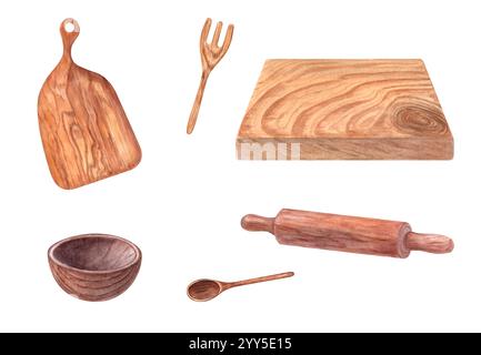 Wooden empty bowls clip art watercolor illustration in rustic style. Kitchen dark brown utensil for cereal, Acai. Cooking handmade tools for food. Stock Photo