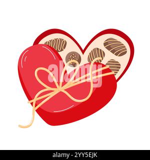 Opened heart shaped red box with chocolate candies, ribbon, bow in cartoon style for Valentines Day love holiday. Romantic dessert for present Stock Vector
