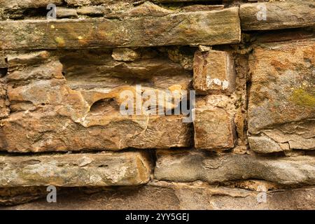 Close up striped and rectangular stone wall pattern, texture. Horizontal photo. background and mapping Stock Photo