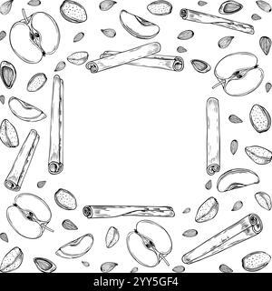 Almond, apple slice and cinnamon sticks square frame with empty space for text. Aromatic seasoning with fresh fruits, nuts monochrome illustration Stock Vector