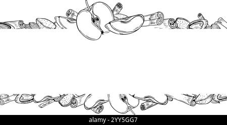 Almond, apple slice and cinnamon sticks horizontal border with empty space for text. Aromatic seasoning with fresh fruit, nut ingredients monochrome Stock Vector