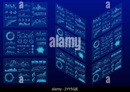 Isometric futuristic digital dashboards featuring multiple data visualizations, including bar graphs, pie charts, and line graphs. The panels are Stock Vector