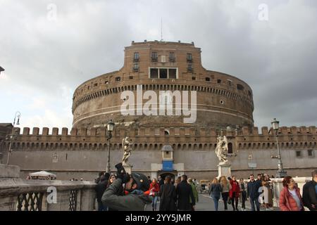 Castle of Holy Angel and Holy Angel Bridge over the Tiber River in Rome at Dawn, Italy. ROME,ITALY 25 March,2018 Stock Photo