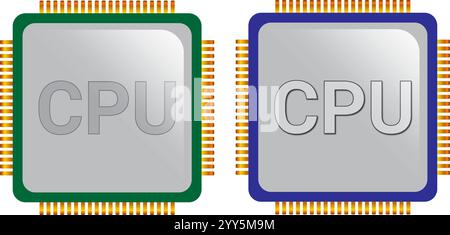 Two CPU chips with green silver golden and blue colors Stock Vector