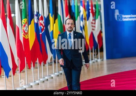 BRUSSELS, BELGIUM - 19th DECEMBER, 2024. President of the Republic of CYPRUS, Νίκος ΧΡΙΣΤΟΔΟΥΛΙΔΗΣ / Nicos CHRISTODOULIDES, arrives for the European council summit, in the Europa building, the EU Council headquarters in Brussels, Belgium, on December 19, 2024. EU leaders are meeting in Brussels to discuss Ukraine, the EU in the world, the Middle East, resilience and preparedness, migration and foreign policy issues. Credit: Morfo SAVVA | Alamy Live News. Stock Photo