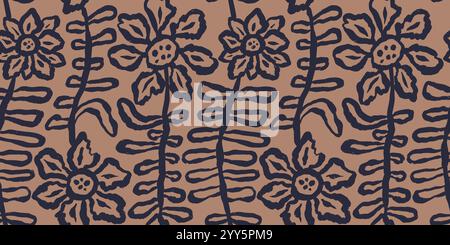 Brush strokes inky flowers brown seamless pattern Stock Vector
