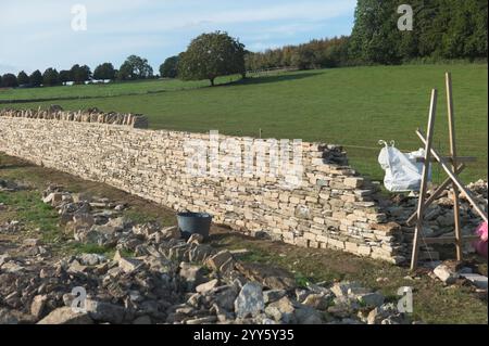 Dry stone walling being built in the Cotswolds, England. Stock Photo