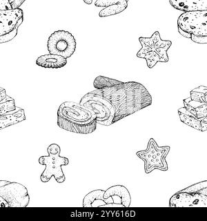 Seamless hand drawn vector pattern of festive Christmas treats. Gingerbread cookies, Swiss rolls, nougat and vanil biscuits. Black and white Stock Vector