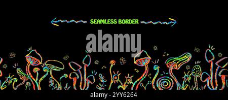 Fantasy mushrooms seamless border. Line art funny floral elements, butterfly. Mushroom sketch wallpaper in 1960s,1970s style in neon green and orange Stock Vector