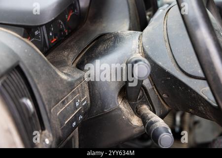 Very dirty and neglected car interior. View of the dashboard. Stock Photo