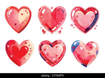 Watercolor vector hearts set. Cute hand brush drawn doodle heart shapes with artistic aquarelle stains. Painted watercolor Valentine s Day card Stock Vector
