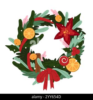 Handmade holiday leafy wreath decorated with fruit and flower. Vector Christmas frame isolated on background. Festive object for door decoration. Stock Vector