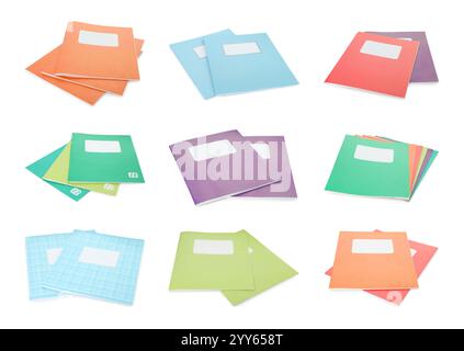 Many different notebooks on white background, set. School stationery Stock Photo