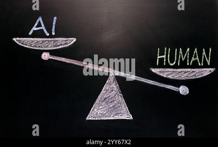 balance between artificial intelligence AI and people. on the scales ...