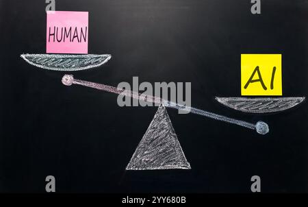 balance between artificial intelligence AI and people. on the scales ...