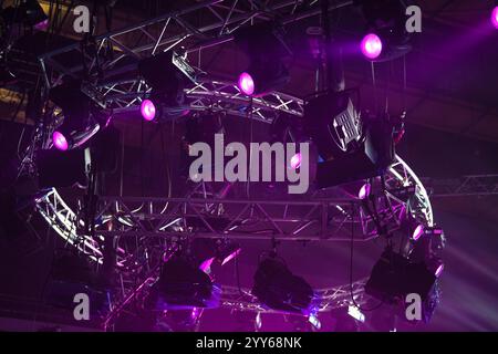 Spot light in the modern television studio on ceiling. Studio lights used for movies and television. Led and fresnell spot lights for concert, tv show Stock Photo