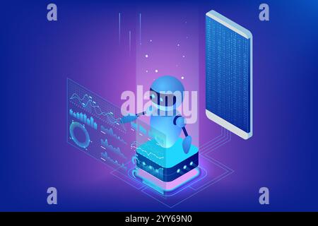 Isometric AI chatbot robot interacting with holographic data dashboards above a smartphone. Neon blue and purple gradients create a futuristic and Stock Vector