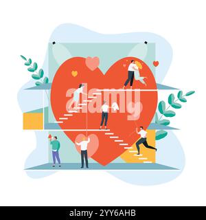 People group working with a big heart. Concept of love and dating. Valentine s day vector illustration Stock Vector