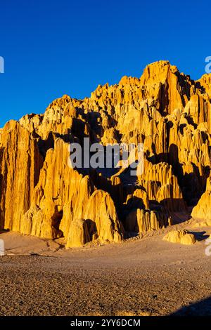 Photograph of eroded clay soils at Cathedral Gorge State Park during a beautiful sunset, near Panaca, Nevada, USA. Stock Photo