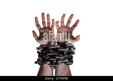 Two hands in chains isolated on white background with clipping path Stock Photo