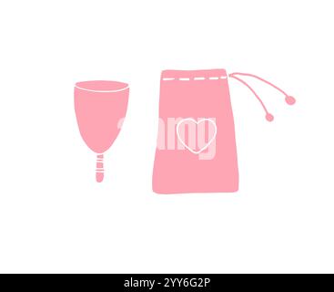 Vector hand drawn doodle sketch pink menstrual cup and bag isolated on white background Stock Vector