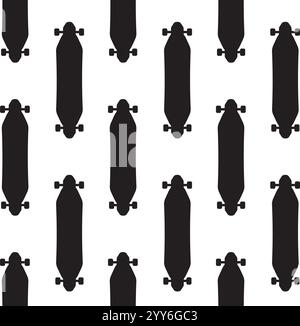 Vector seamless pattern of flat black longboard skateboard silhouette isolated on white background Stock Vector
