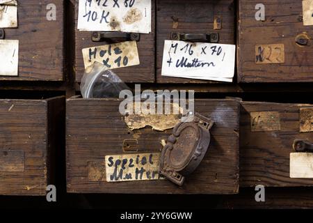 Close-up of an antique workshop magazine with open drawers and many inscriptions. Stock Photo