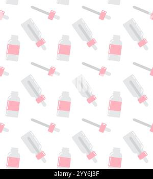 Vector seamless pattern of flat cartoon essence oil bottle isolated on white background Stock Vector