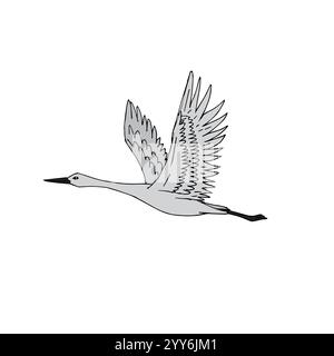Vector hand drawn doodle sketch gray flying crane bird isolated on white background Stock Vector