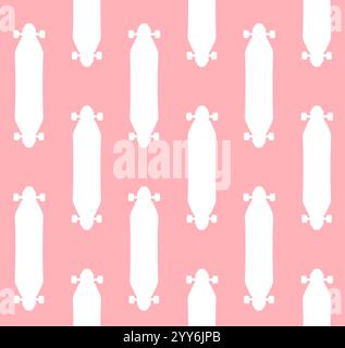 Vector seamless pattern of flat white longboard skateboard silhouette isolated on pink background Stock Vector