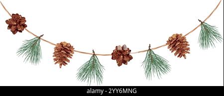 Vector illustration of an eco-friendly Christmas garland featuring pinecones and green pine branches on a natural rope. Stock Vector