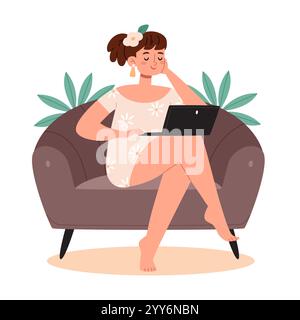 Girl working on a laptop at a tropical resort. Freelance concept. Flexible working hours. Character complete projects on vacation. Stock Vector