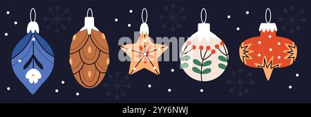 Vintage Christmas toys. Xmas vintage balls and retro decor for New Year. Flat vector illustration Stock Vector
