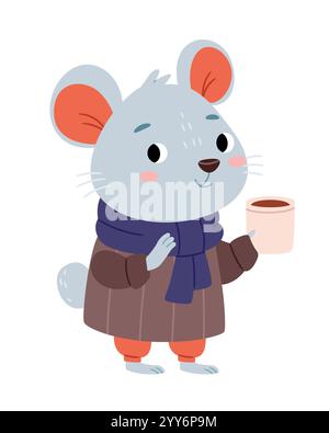 Cute children's character mouse in warm clothes holding a cup of coffee, tea or cocoa. Stock Vector