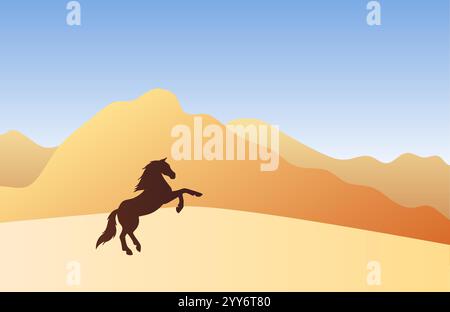 Vector horse silhouette in colored flat landscape with sand and mountains Stock Vector