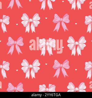Coquette seamless pattern with various pink bow knots. Red background romantic love vector illustration for wrapping paper, packaging, fabric Stock Vector