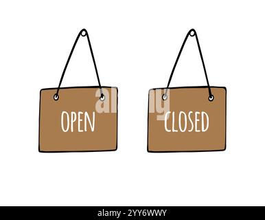 Vector hand drawn doodle sketch colored door nameplate with open closed text isolated on white background Stock Vector