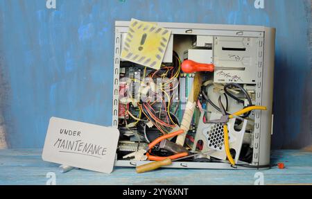 Grungy demolished computer with ERROR sign,server glitch,offline,disturbance,website down,hacker attack concept Stock Photo