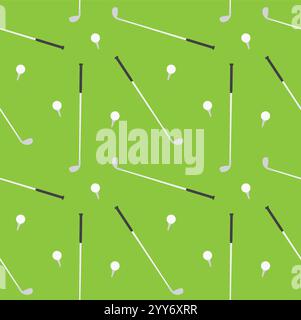 Vector seamless pattern of flat cartoon golf ball and stick isolated on green background Stock Vector
