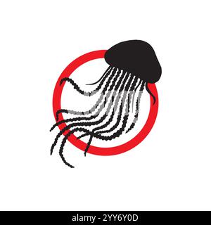 Vector warning sign with jellyfish silhouette in red circle isolated on white background Stock Vector