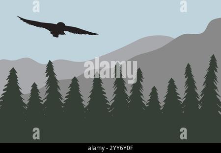 Vector owl silhouette isolated on flat cartoon landscape with spruce tree forest and mountains Stock Vector